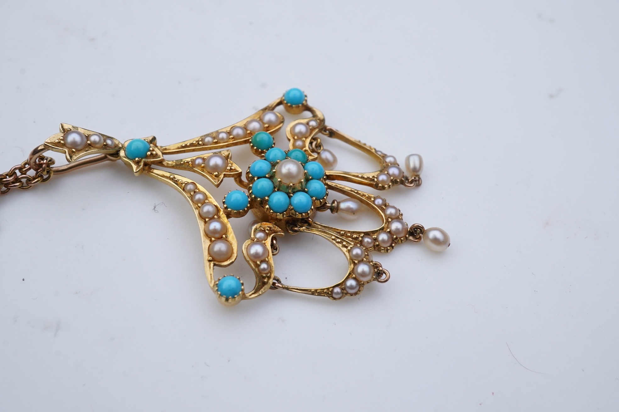 An Edwardian turquoise and seed pearl pendant, early 20th century